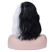 economico Parrucche dei personaggi dei film-parrucca gotica cruella deville parrucca cosplay parrucche in bianco e nero per le donne parrucca di capelli corti ricci ondulati bob carino parrucche sintetiche per il partito parrucche di halloween