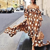 cheap Vacation Dresses-Women&#039;s Casual Dress Swing Dress Long Dress Maxi Dress Black Red Brown Sleeveless Polka Dot Print Fall Autumn Off Shoulder Loose Fit 2023 S M L XL XXL XXXL 4XL 5XL