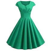baratos Conjuntos-conjunto com vestido vintage flare colar de pérolas falsas brincos pulseira com anágua tutu sob a saia 1950 anos 1960 rockbility vestido retrô vintage feminino 6 peças roupas primavera verão roupa
