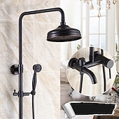 cheap Shower Faucets-Antique Shower System Faucet Combo Set, 8&quot; Rainfall Shower Head Kit with Handshower Wall Mounted, Brass Copper Black Electroplated Finish Vintage Style 2 Handles 3 Hole Bath Mixer Taps with Bodysprays