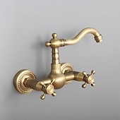 preiswerte an der Wand montiert-Waschbecken Wasserhahn, zwei Griffe, goldene Wandhalterung, zwei Löcher, Retro-Stil, Standardauslauf, Waschbeckenhahn mit Kalt- und Heißschalter