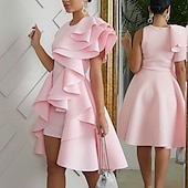 abordables Robes de bal de promo-Robes de Bal Ligne A Robe Mignonne Invité de Mariage Cocktail Fête Longueur Genou Sans Manches Col Bijou Tissu Extensible avec Volants Couleur Unie