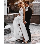  Strand Casual Bruiloft Jurken A-Lijn V Hals Sleeveloos Hoftrain Satijn Bruidsjurken Met Sjerpen  Linten Sjerp  Lint