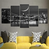 abordables Impressions de Paysages-5 panneaux toile imprimée tableau déco art mural affiches/image  nuit pont paysage urbain horizon décoration de la maison décor toile roulée sans cadre sans cadre non étiré