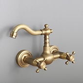 preiswerte an der Wand montiert-Waschbecken Wasserhahn, zwei Griffe, goldene Wandhalterung, zwei Löcher, Retro-Stil, Standardauslauf, Waschbeckenhahn mit Kalt- und Heißschalter
