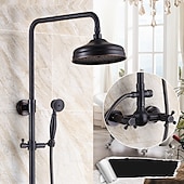 cheap Shower Faucets-Antique Shower System Faucet Combo Set, 8&quot; Rainfall Shower Head Kit with Handshower Wall Mounted, Brass Copper Black Electroplated Finish Vintage Style 2 Handles 3 Hole Bath Mixer Taps with Bodysprays