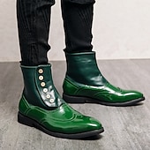 cheap Dress Boots-Men&#039;s Vintage Green Leather Button Boots - Stylish Wingtip Brogue Ankle Boots with Patent Leather Finish