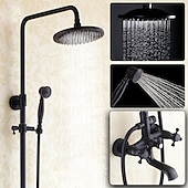 cheap Shower Faucets-Antique Shower System Faucet Combo Set, 8&quot; Rainfall Shower Head Kit with Handshower Wall Mounted, Brass Copper Black Electroplated Finish Vintage Style 2 Handles 3 Hole Bath Mixer Taps with Bodysprays