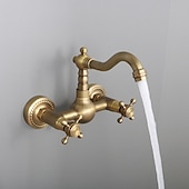 preiswerte an der Wand montiert-Waschbecken Wasserhahn, zwei Griffe, goldene Wandhalterung, zwei Löcher, Retro-Stil, Standardauslauf, Waschbeckenhahn mit Kalt- und Heißschalter