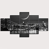 abordables Impressions de Paysages-5 panneaux toile imprimée tableau déco art mural affiches/image  nuit pont paysage urbain horizon décoration de la maison décor toile roulée sans cadre sans cadre non étiré