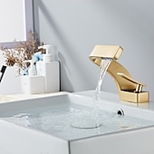 cheap Classical-Bathroom Sink Faucet Single Handle One Hole Waterfall Mixer Basin Taps Brass, 7-shaped Bend Vessel Tap Chrome Brushed Nickel Black Gold