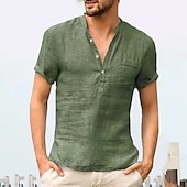cheap Classic-Men&#039;s Linen Shirt Band Collar Shirt Summer Shirt Beach Wear Casual Shirt Solid Color Outdoor Street Black White Light Green Blue Short Sleeve Henley Summer Spring Clothing Apparel Button-Down