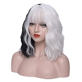 economico Parrucche dei personaggi dei film-Parrucche Mersi Cruella Deville per donne, parrucche in bianco e nero per parrucche di Halloween per feste Cruella