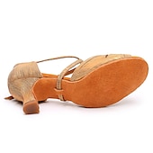economico Scarpe per balli latini-Scarpe da ballo latino con cinturini dorati da donna – tacchi alti con suola in pelle scamosciata per salsa, ballo da sala e prove
