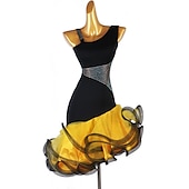 preiswerte Kleidung für lateinamerikanische Tänze-Tanz-Salsa-Latin-Tanzkleid mit Kristallen/Strasssteinen, Damen-Training, ärmellos, hoher Spandex-Organza