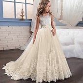 preiswerte Kleider für die Blumenmädchen-kinderkleidung Mädchen Blumenmädchen Kleid Kleid Ärmellos Hochzeit Party Schleife Elegant Vintage Spitze Tüll Maxi 4-13 Jahre Weiß Rosa Rote