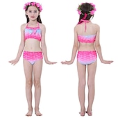 voordelige Zeemeermin badpak-Kinderen Voor meisjes Drie stuk Zeemeermin zwemkleding Badmode Bikini Strand Zwemmen Afdrukken Actief leuke Style Badpakken 4-12 jaar Zomer Rose paars Polkadot