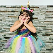abordables Robes avec des licornes-Enfants Fille Robe à imprimé arc-en-ciel Coloré Soirée Robe Tutu La photographie Paillettes Licou Le style mignon Princesse Tulle 2-8 ans Argent Violet Dorée
