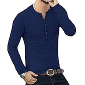 preiswerte Lässiges Henley-T-Shirt-Herren T-Shirt mit Knöpfen T Shirt Langarmshirt Langarm Stehkragen Frühling &amp; Herbst Einfach Leicht Klassisch Lässig Button-Down Urlaub Lässig Ferien Wein Schwarz Weiß Top T-Shirt für Herren