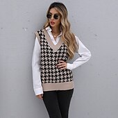 preiswerte سترة تريكو-Women&#039;s Vest Knitted Houndstooth Plaid Stylish Basic Casual Sleeveless Regular Fit Sweater Cardigans V Neck Fall Winter Khaki / Holiday / Going out