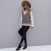 preiswerte سترة تريكو-Women&#039;s Vest Knitted Houndstooth Plaid Stylish Basic Casual Sleeveless Regular Fit Sweater Cardigans V Neck Fall Winter Khaki / Holiday / Going out