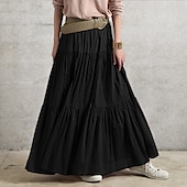 cheap Dresses-Women&#039;s Swing Work Skirts Long Skirt Vintage Summer Maxi Skirts Solid Colored Pleated Ruffle Vacation Causal Black Wine Purple Brown Autumn / Fall Cotton Cotton And Linen
