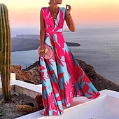 cheap Vacation Dresses-Women&#039;s Casual Dress Swing Dress Long Dress Maxi Dress Blue Light Green Fuchsia Sleeveless Floral Print Spring Summer V Neck 2023 S M L XL XXL
