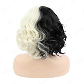 abordables Perruques de personnages de films-perruque gothique rebcass perruque synthétique cosplay cruella boucles lâches bouncy curl bob avec perruque bang soignée cheveux synthétiques noir/or pour femmes résistant à la chaleur bonnet gratuit