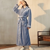 preiswerte Bademäntel für Damen-Damen-Schlafanzug, Bademantel, Nachthemd, 1 Stück, reine Farbe, warmer Plüsch, lässig, Party, Zuhause, Alltag, Fleece, Frottee, V-Bügel, lange Ärmel, moderner Stil, Gürtel inklusive Tasche,
