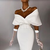 billiga Cocktailklänningar-Beach Bröllop Sheath Cocktail Klänningar Elegant Klänning Bröllopsgäst Festkläder Te Längd Ärmös Off Shoulder Stretch Stoff med Sash  Band Maskerad Klänning Klänningar
