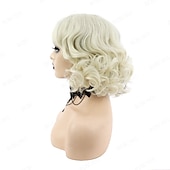 abordables Perruques de personnages de films-perruque gothique rebcass perruque synthétique cosplay cruella boucles lâches bouncy curl bob avec perruque bang soignée cheveux synthétiques noir/or pour femmes résistant à la chaleur bonnet gratuit