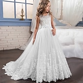 cheap Flower Girl&#039;s Dresses-Flower Girl Dress Girls&#039; Dress Lace Dress Formal Dress Princess Dress Formal Performance Wedding Elegant Vintage Princess Lace Bow Floral Sleeveless Crew Neck White Pink 4-13 Years