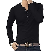 preiswerte Lässiges Henley-T-Shirt-Herren T-Shirt mit Knöpfen T Shirt Langarmshirt Langarm Stehkragen Frühling &amp; Herbst Einfach Leicht Klassisch Lässig Button-Down Urlaub Lässig Ferien Wein Schwarz Weiß Top T-Shirt für Herren