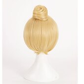 baratos Perucas de festa-Peruca da Sininho Peruca de Fada Sininho Cosplay Peruca Curtas Cabelo Loiro com Coque Cabelo Sintético Resistente ao Calor Perucas de Halloween