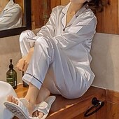 billige Nattøy for damer-kvinners gave pyjamassett hjemmefest daglig basis ren farge sateng enkel tilfeldig myk skjorte bukse høst vår sommer skjorte krage langermet lang bukse spenne lomme hjemmeantrekk