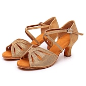 economico Scarpe per balli latini-Scarpe da ballo latino con cinturini dorati da donna – tacchi alti con suola in pelle scamosciata per salsa, ballo da sala e prove