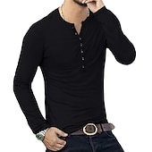 preiswerte Lässiges Henley-T-Shirt-Herren T-Shirt mit Knöpfen T Shirt Langarmshirt Langarm Stehkragen Frühling &amp; Herbst Einfach Leicht Klassisch Lässig Button-Down Urlaub Lässig Ferien Wein Schwarz Weiß Top T-Shirt für Herren