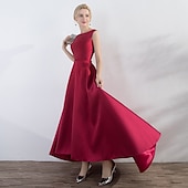 ieftine Rochii de Party-Rochie de seară în stil A-Line Rochie roșie și verde Rochie de nuntă pentru invitați Rochie de petrecere Asimetrică Fără mâneci Guler din piatra prețioasă Satin cu aspect elegant pentru a impresiona