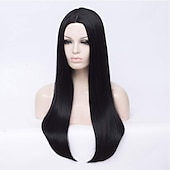economico Parrucche da festa-parrucche per costume morticia addams la famiglia addams parrucca lunga liscia riga in mezzo parrucca sintetica costume di carnevale