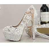 economico Semi-formale-tacchi a spillo con plateau impreziositi da strass bianchi e perle da donna con fiocco – scarpe da sposa di lusso