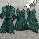 cheap Women&#039;s Sleepwear-Women&#039;s Lace Satin Silk Pajamas Sets 4 Pcs Home Party Daily Elastic Waist Pure Color Satin Simple Casual Soft Strap Top Shorts Fall Winter Spring Strap Short Sleeves Long Sleeve Home Outfits