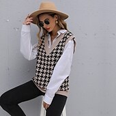 preiswerte سترة تريكو-Women&#039;s Vest Knitted Houndstooth Plaid Stylish Basic Casual Sleeveless Regular Fit Sweater Cardigans V Neck Fall Winter Khaki / Holiday / Going out