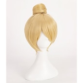 baratos Perucas de festa-Peruca da Sininho Peruca de Fada Sininho Cosplay Peruca Curtas Cabelo Loiro com Coque Cabelo Sintético Resistente ao Calor Perucas de Halloween