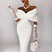 billiga Cocktailklänningar-Beach Bröllop Sheath Cocktail Klänningar Elegant Klänning Bröllopsgäst Festkläder Te Längd Ärmös Off Shoulder Stretch Stoff med Sash  Band Maskerad Klänning Klänningar