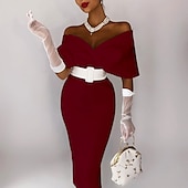 billiga Cocktailklänningar-Beach Bröllop Sheath Cocktail Klänningar Elegant Klänning Bröllopsgäst Festkläder Te Längd Ärmös Off Shoulder Stretch Stoff med Sash  Band Maskerad Klänning Klänningar