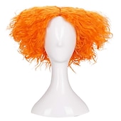 economico Parrucche dei personaggi dei film-parrucche arancioni corte e ricce disordinate da cappellaio matto, unisex, resistenti al calore, per cosplay, feste di carnevale, parrucche di Holloween
