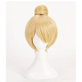 baratos Perucas de festa-Peruca da Sininho Peruca de Fada Sininho Cosplay Peruca Curtas Cabelo Loiro com Coque Cabelo Sintético Resistente ao Calor Perucas de Halloween