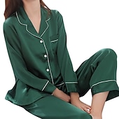 cheap Women&#039;s Sleepwear-Women&#039;s Gift Pajamas Sets Home Party Daily Basic Pure Color Satin Simple Casual Soft Shirt Pant Fall Spring Summer Shirt Collar Long Sleeve Long Pant Buckle Pocket Home Outfits