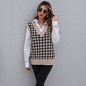 preiswerte سترة تريكو-Women&#039;s Vest Knitted Houndstooth Plaid Stylish Basic Casual Sleeveless Regular Fit Sweater Cardigans V Neck Fall Winter Khaki / Holiday / Going out