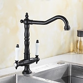 economico Rubinetti per lavello-rubinetto miscelatore lavello da cucina tradizionale, rubinetti da cucina per recipienti in stile retrò doppi manici monoforo girevole cromato / ottone / nichel spazzolato beccuccio standard